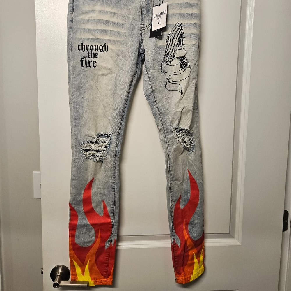 Light Blue Denim Ripped Flame Pants
